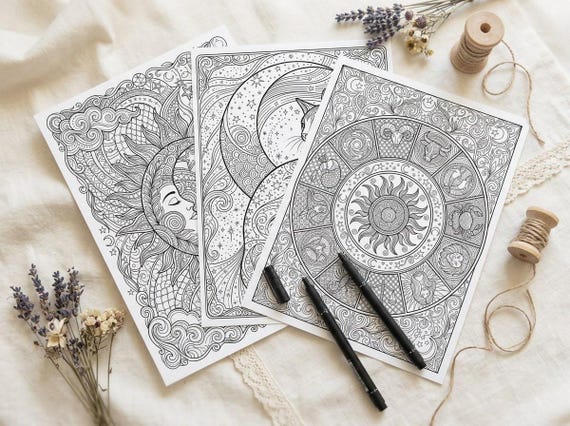 Celestial Zodiac & Moon Magic Coloring Book, Printable Adult Coloring Pages, Mystical Moon Stars Stress Relief PDF, Digital Download · CB-08 view 3