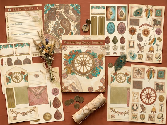 Boho Wandering Gypsy Junk Journal Kit, Printable Folk Art Journal Pages, Boho Ephemera, Travel Charm Tags, Digital Download · JK-068 view 4