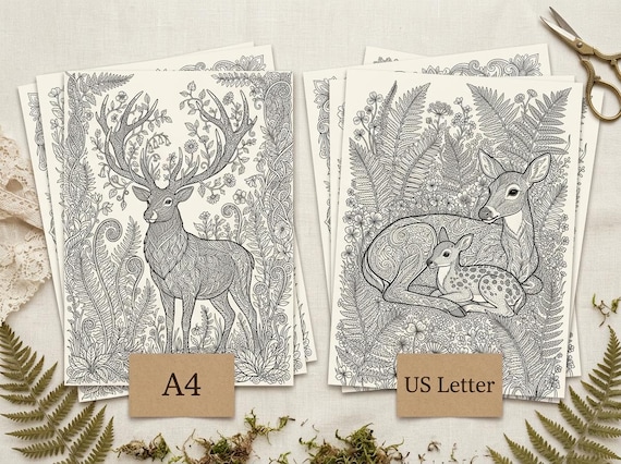 Woodland Deer & Ferns Coloring Book, Printable Adult Coloring Pages, Forest Nature Stress Relief PDF, Digital Download view 6