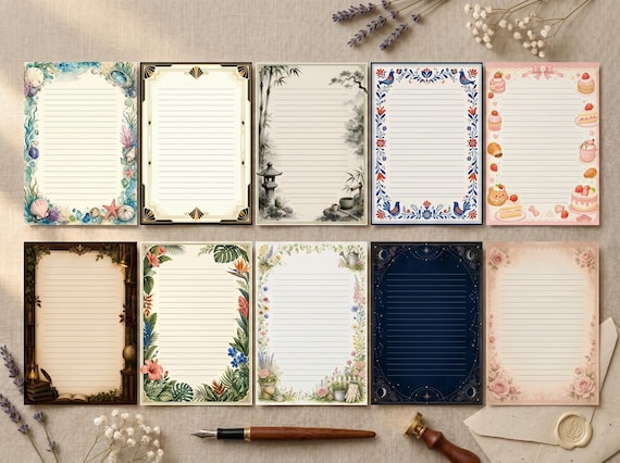 Decorative Lined Journal Pages — Vol. 1, Printable Writing Paper, Illustrated Lined Pages, Digital Download, Print at Home Stationery