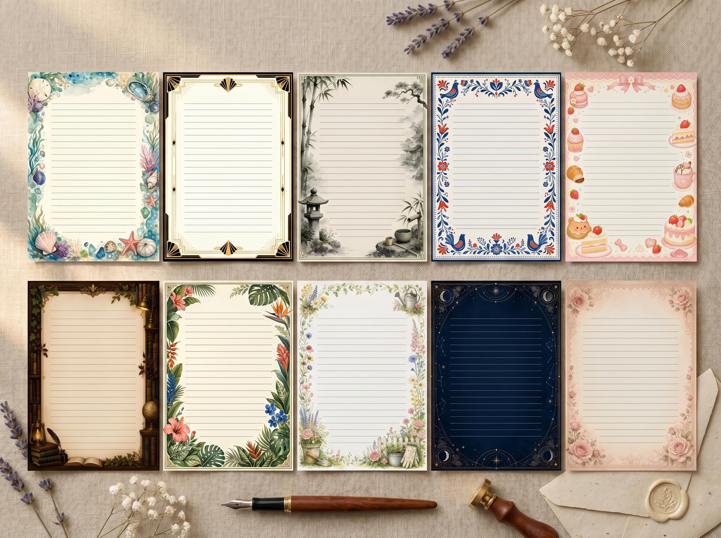 Decorative Lined Journal Pages — Vol. 1, Printable Writing Paper, Illustrated Lined Pages, Digital Download, Print at Home Stationery