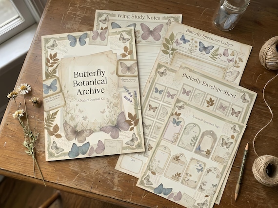 Butterfly Botanical Archive Junk Journal Kit, Printable Cottagecore Journal Pages, Naturalist Ephemera, Butterfly Tags, Fussy Cuts · JK-017