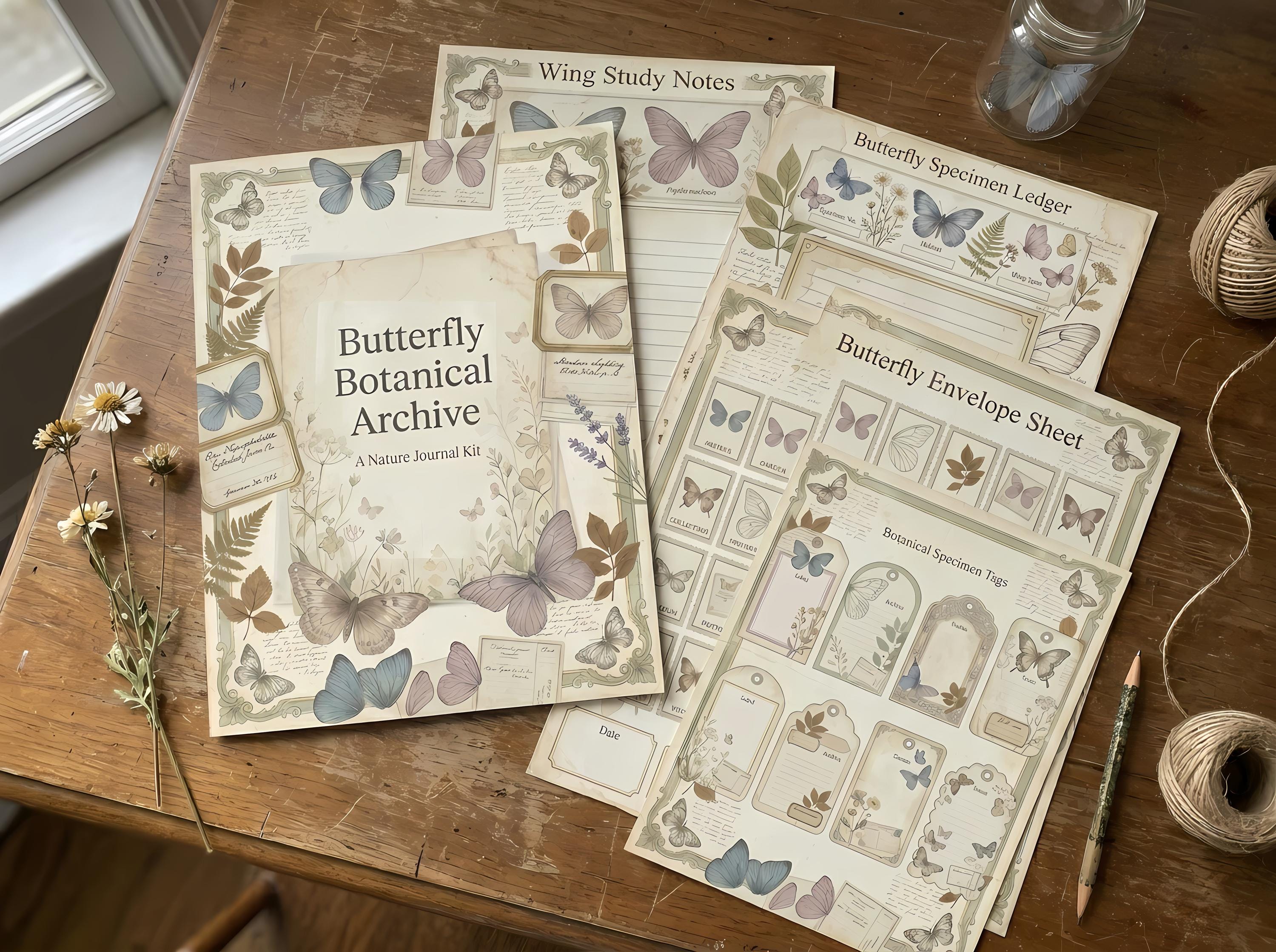 Butterfly Botanical Archive Junk Journal Kit, Printable Cottagecore Journal Pages, Naturalist Ephemera, Butterfly Tags, Fussy Cuts · JK-017