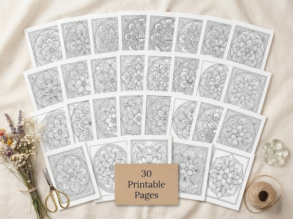 Stained Glass Florals Coloring Book, Printable Adult Coloring Pages, Stress Relief PDF, Digital Download · CB-36 view 2