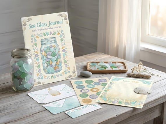 Sea Glass Junk Journal Kit, Printable Coastal Beachcomber Journal Pages, Beach Find Ephemera, Pebble Tags, Digital Download · JK-088 view 5