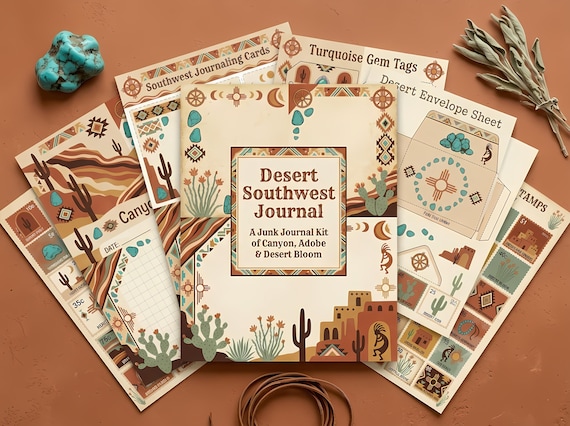 Desert Southwest Junk Journal Kit, Printable Boho Journal Pages, Cactus Ephemera, Turquoise Tags, Fussy Cuts, Digital Download · JK-053