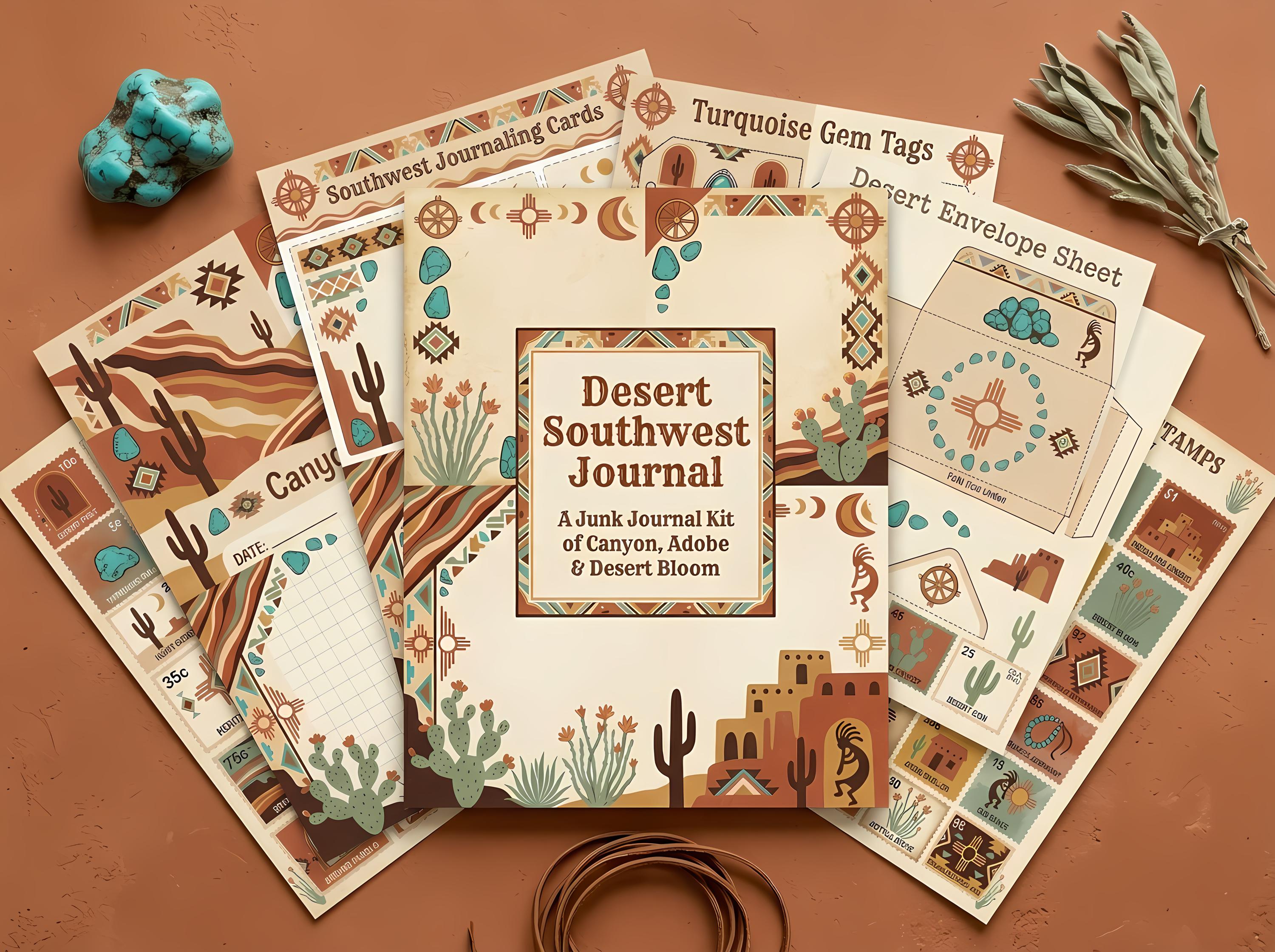 Desert Southwest Junk Journal Kit, Printable Boho Journal Pages, Cactus Ephemera, Turquoise Tags, Fussy Cuts, Digital Download · JK-053