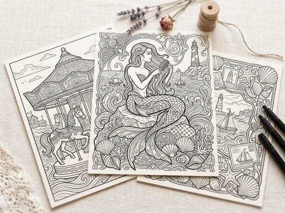 Vintage Seaside Summer Coloring Book, Printable Adult Coloring Pages, Vintage Seaside Stress Relief PDF, Digital Download · CB-17 view 3