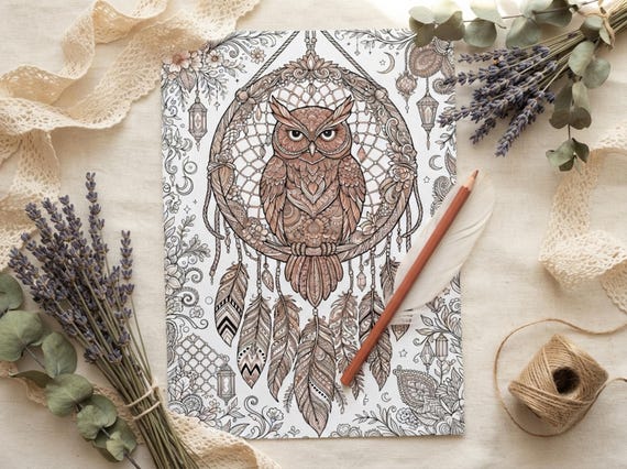 Boho Dreamcatchers & Feathers Coloring Book, Printable Adult Coloring Pages, Stress Relief PDF, Digital Download · CB-19 view 7