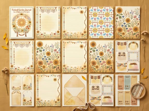 Boho Festival Garden Junk Journal Kit, Printable Wildflower Journal Pages, Folk Art Ephemera, Flower Tags, Digital Download · JK-066 view 3