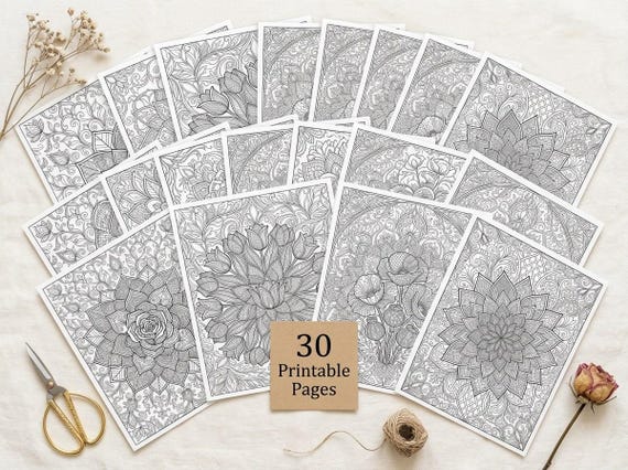 Floral Mandalas Coloring Book, Printable Adult Coloring Pages, Zen Flower Stress Relief PDF, Digital Download · CB-16 view 2