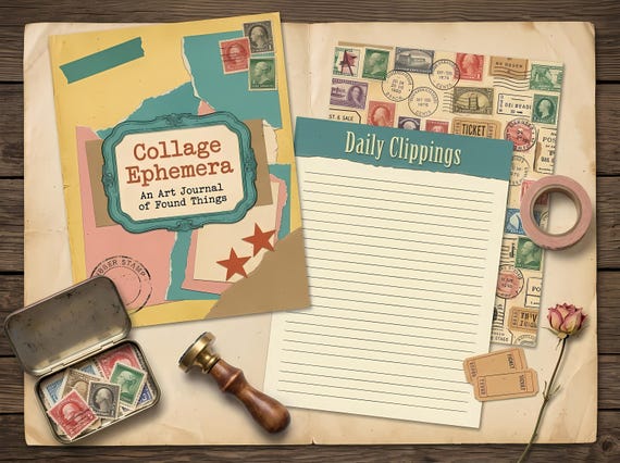 Collage Ephemera Junk Journal Kit, Printable Vintage Scrap Journal Pages, Ticket Stamp Ephemera, Washi Tags, Digital Download · JK-090 view 2