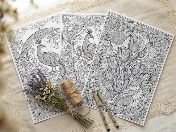Stained Glass Florals Coloring Book, Printable Adult Coloring Pages, Stress Relief PDF, Digital Download · CB-36 view 3