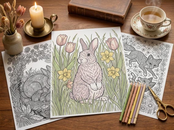 Spring Rabbits & Meadow Coloring Book, Printable Adult Coloring Pages, Spring Nature Stress Relief PDF, Digital Download view 3