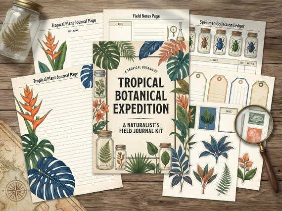 Tropical Botanical Expedition Junk Journal Kit, Printable Naturalist Journal Pages, Specimen Plate Ephemera, Field Notes, Botanical · JK-042 view 2