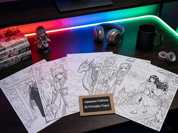 Manga Coloring Book Vol. 2 Japanese Folklore Fantasy, Printable Anime Style Coloring Pages, Kitsune Yokai Samurai PDF, Digital Download view 2