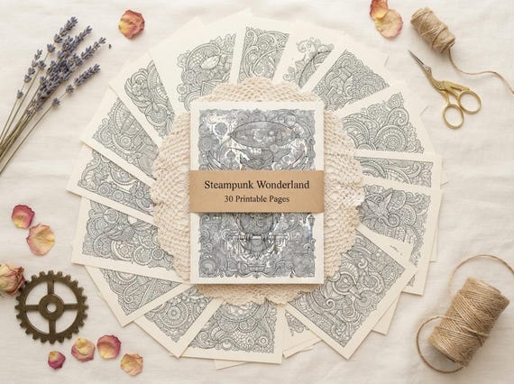 Steampunk Wonderland Coloring Book, Printable Adult Coloring Pages, Intricate Steampunk Stress Relief PDF, Digital Download · CB-35