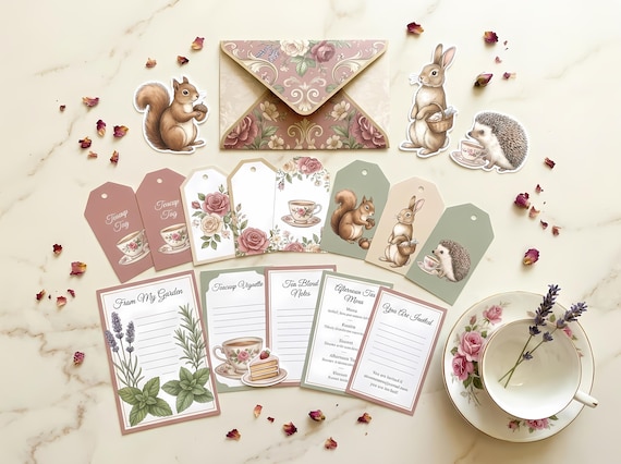 Garden Tea Party Junk Journal Kit, Printable Woodland Journal Pages, Cottagecore Ephemera, Tags, Invitation Cards, Fussy Cuts · JK-004