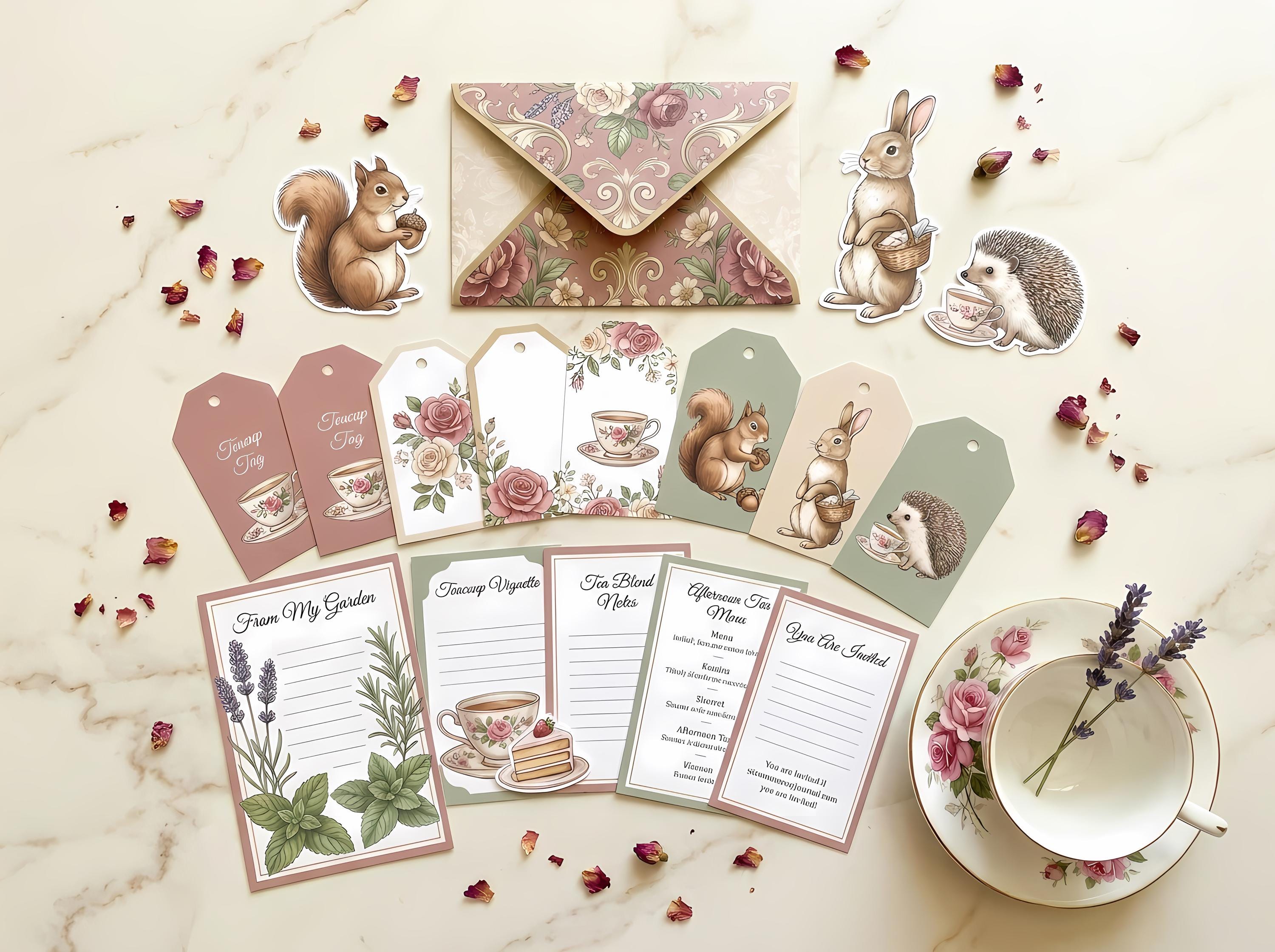 Garden Tea Party Junk Journal Kit, Printable Woodland Journal Pages, Cottagecore Ephemera, Tags, Invitation Cards, Fussy Cuts · JK-004