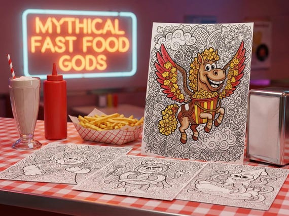 Mythical Fast Food Gods Coloring Book, Funny Adult Coloring Pages, Gods as Fast Food Novelty PDF, Digital Download view 6
