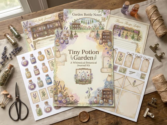 Tiny Potion Garden Junk Journal Kit, Printable Whimsical Herb Journal Pages, Potion Bottle Ephemera, Garden Tags, Fussy Cuts · JK-027