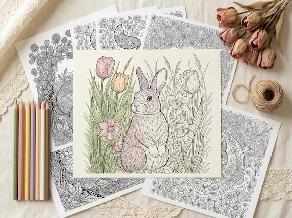 Spring Rabbits & Meadow Coloring Book, Printable Adult Coloring Pages, Spring Nature Stress Relief PDF, Digital Download view 2