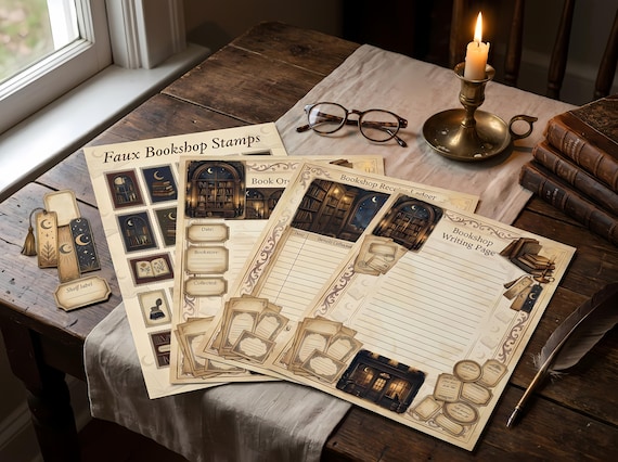 Midnight Bookshop Junk Journal Kit, Printable Cozy Book Journal Pages, Candlelit Library Ephemera, Bookshop Tags, Fussy Cuts · JK-029 view 2