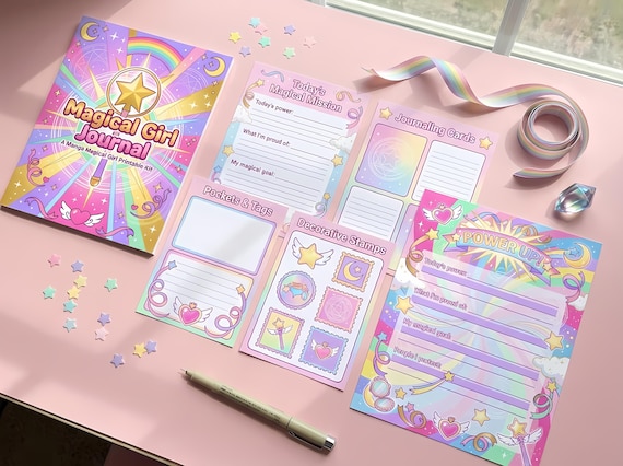 Manga Magical Girl Junk Journal Kit, Printable Anime Journal Pages, Kawaii Star Ephemera, Magical Tags, Digital Download · JK-122 view 2