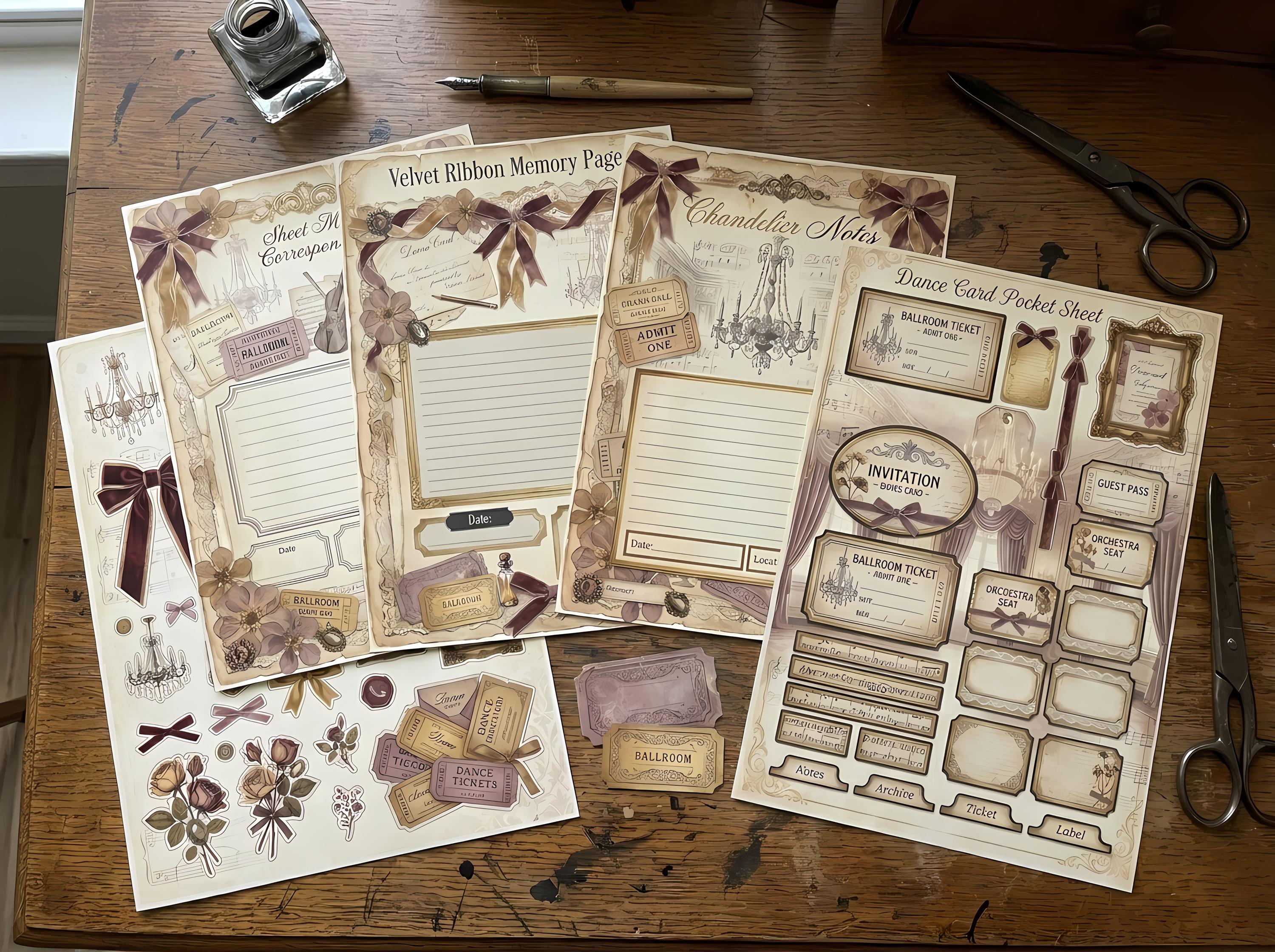 Forgotten Ballroom Junk Journal Kit, Printable Vintage Dance Journal Pages, Sheet Music Ephemera, Chandelier Tags, Fussy Cuts · JK-022