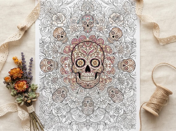 Sugar Skulls Fiesta Coloring Book, Printable Adult Coloring Pages, Stress Relief PDF, Digital Download · CB-34 view 7