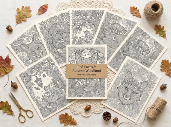 Red Foxes & Autumn Woodland Coloring Book, Printable Adult Coloring Pages, Fox Nature Stress Relief PDF, Digital Download