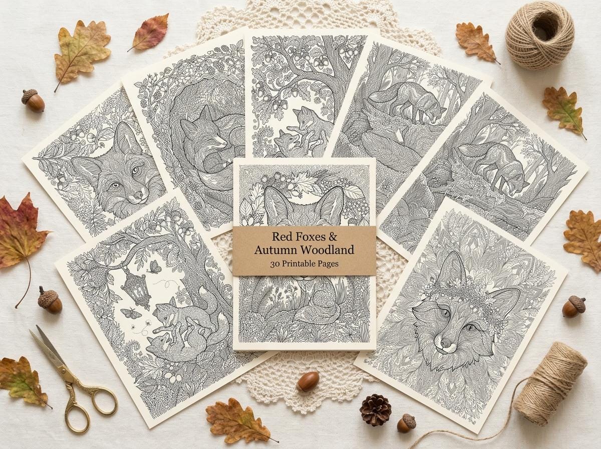 Red Foxes & Autumn Woodland Coloring Book, Printable Adult Coloring Pages, Fox Nature Stress Relief PDF, Digital Download