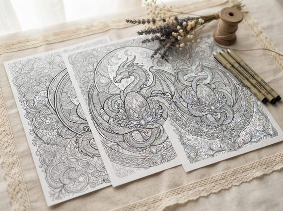 Mystical Dragons Coloring Book, Printable Adult Coloring Pages, Ornate Mystical Dragon Stress Relief PDF, Digital Download · CB-39 view 3