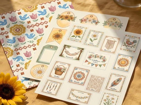 Boho Festival Garden Junk Journal Kit, Printable Wildflower Journal Pages, Folk Art Ephemera, Flower Tags, Digital Download · JK-066 view 5