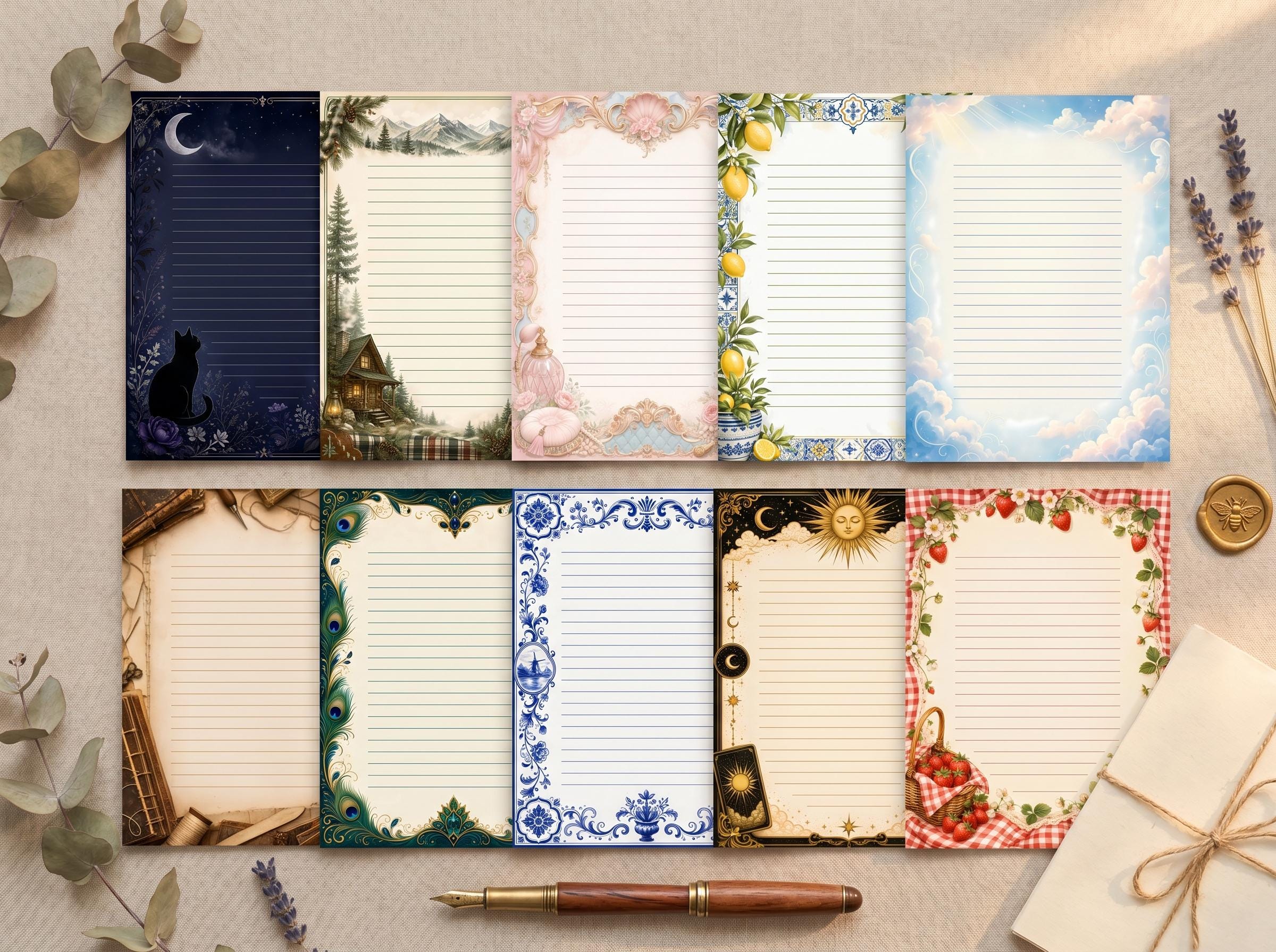 Decorative Lined Journal Pages — Vol. 4, Printable Writing Paper, Illustrated Lined Pages, Digital Download, Print at Home Stationery