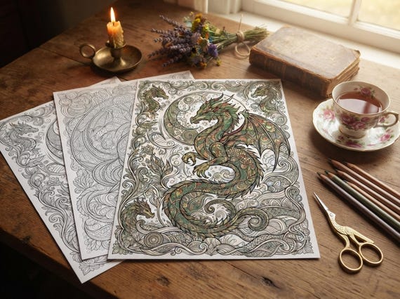 Mystical Dragons Coloring Book, Printable Adult Coloring Pages, Ornate Mystical Dragon Stress Relief PDF, Digital Download · CB-39 view 6