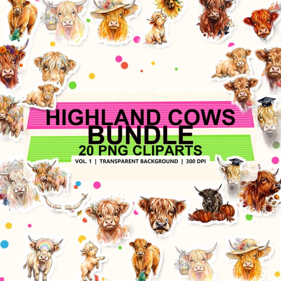 Highland Cows Clipart Vol. 1 — 20 Watercolor PNG Clipart, Transparent Background, 300 DPI, Digital Download, Commercial Use