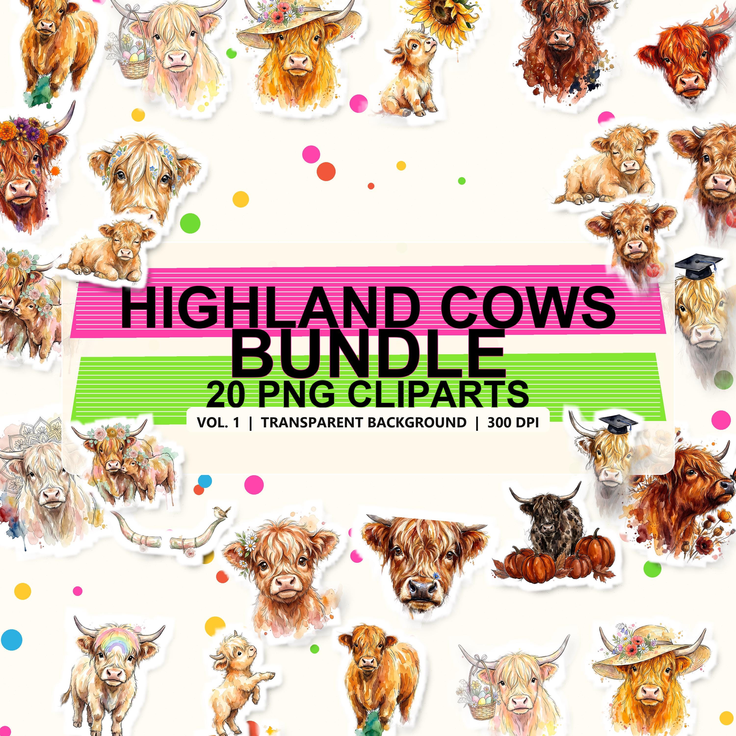 Highland Cows Clipart Vol. 1 — 20 Watercolor PNG Clipart, Transparent Background, 300 DPI, Digital Download, Commercial Use