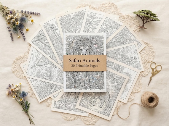 Safari Animals Coloring Book, Printable Adult Coloring Pages, Decorative Safari Stress Relief PDF, Digital Download · CB-37