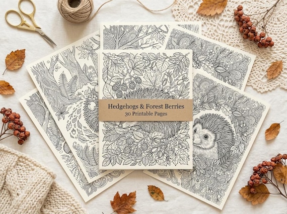 Hedgehogs & Forest Berries Coloring Book, Printable Adult Coloring Pages, Woodland Nature Stress Relief PDF, Digital Download