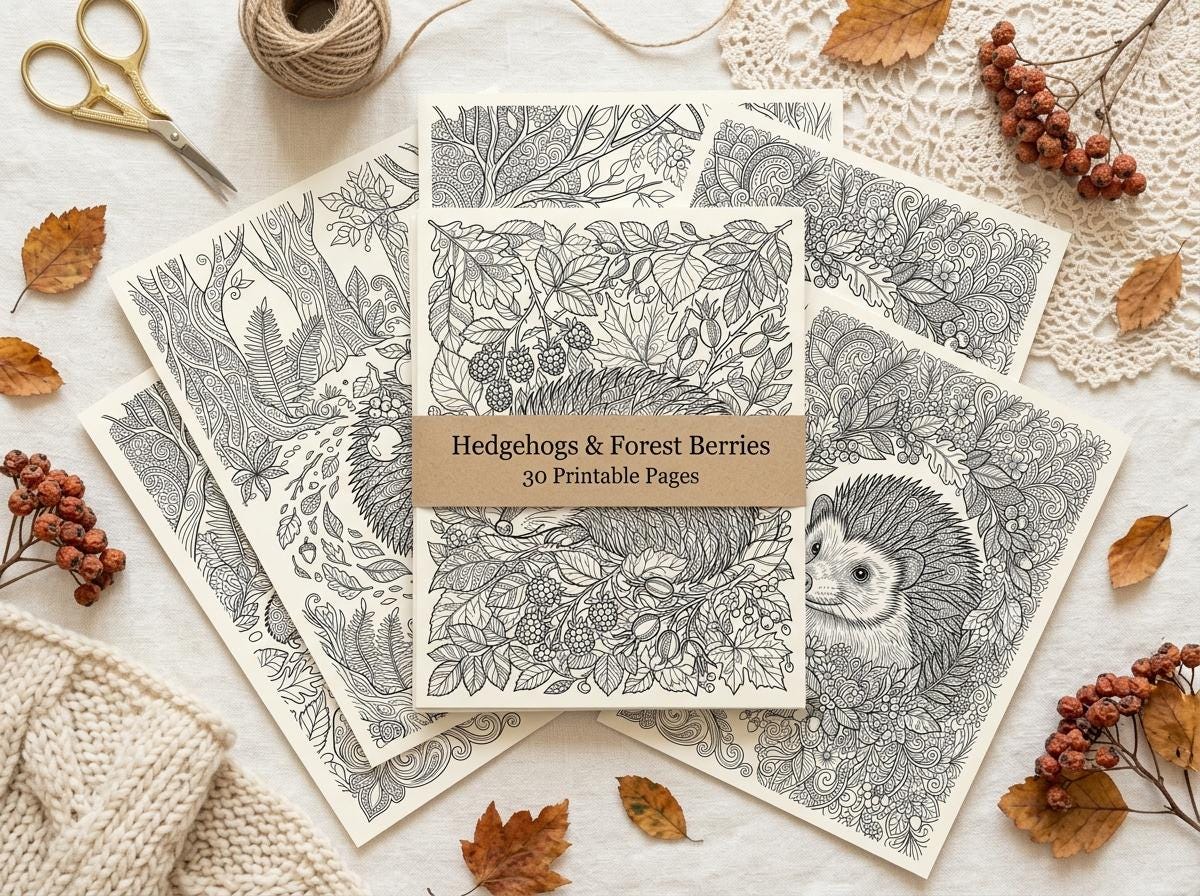 Hedgehogs & Forest Berries Coloring Book, Printable Adult Coloring Pages, Woodland Nature Stress Relief PDF, Digital Download