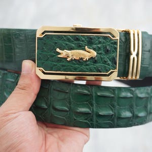 1.5" Wide Handmade Green Alligator Hornback Leather Mens Belt With Gold Ratchet Buckle