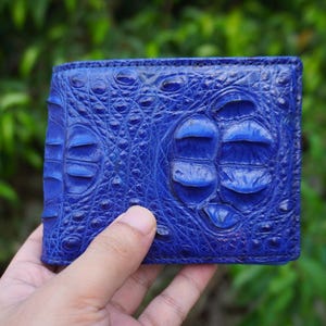 Puede incluir: Una cartera bifold de color azul vibrante con un patrón de escamas texturizado y elevado en toda la superficie exterior. La cartera muestra una disposición orgánica distintiva de escamas grandes y pequeñas, creando una apariencia táctil tridimensional.