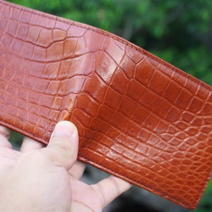 Doppelseitige, schlanke Herren-Geldbörse aus echtem Alligatorleder in Cognac/Burgundrot, ideales Geschenk zum Jahrestag oder für ihn