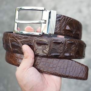 Pode incluir: Um cinto castanho com um padrão texturizado de pele de crocodilo com escamas em relevo e uma fivela de metal prateado polido. A tira do cinto apresenta um acabamento brilhante e uma textura reptiliana distinta em todo o seu comprimento.