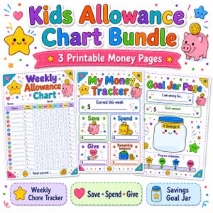 May include: A Kids Allowance Chart Bundle featuring three printable money pages: a Weekly Allowance Chart, a My Money Tracker, and a Goal Jar Page. The colorful design includes illustrations of a smiling star, a pink piggy bank, and coins.