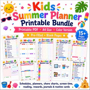 May include: A Kids Summer Planner printable bundle featuring colourful text and icons like a sun, sunglasses, and beach ball. The set includes daily schedules, weekly planners, chore charts, screen time checklists, reward charts, and journals in A4 size.