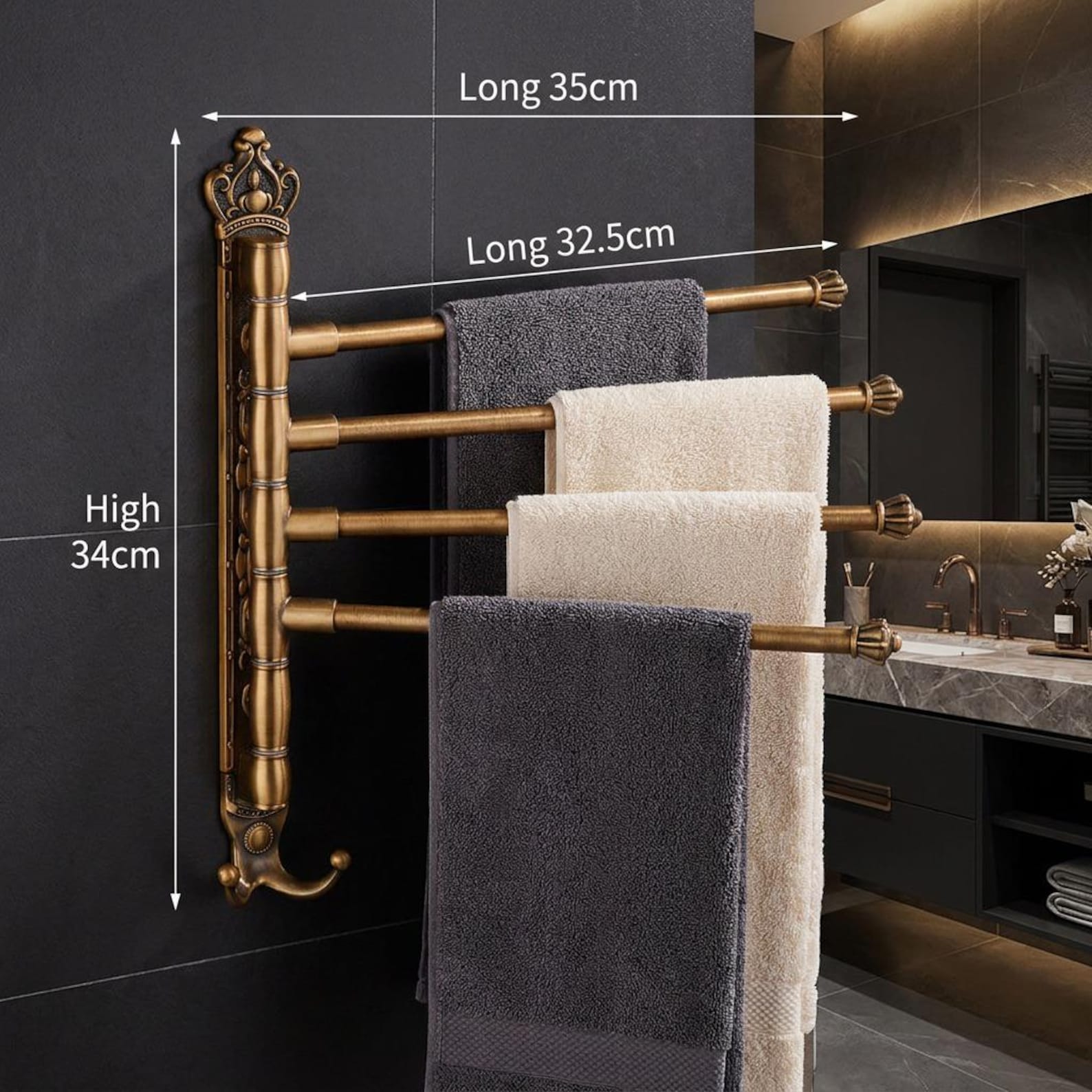 Antique Bronze Swivel Towel Bar, Folding Wall Mounted Bathroom Rack, Victorian Towel Holder - 4 Poles