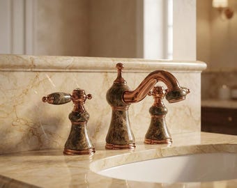 Rose Brass Bathroom Faucet, Marble Handle Vanity Tap, Vintage Widespread Sink Mixer