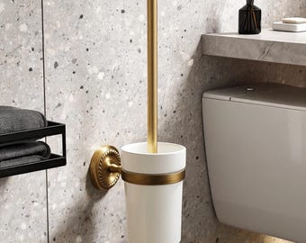 Vintage Brass Toilet Brush Holder, Wall Mounted Ceramic Bathroom Accessory